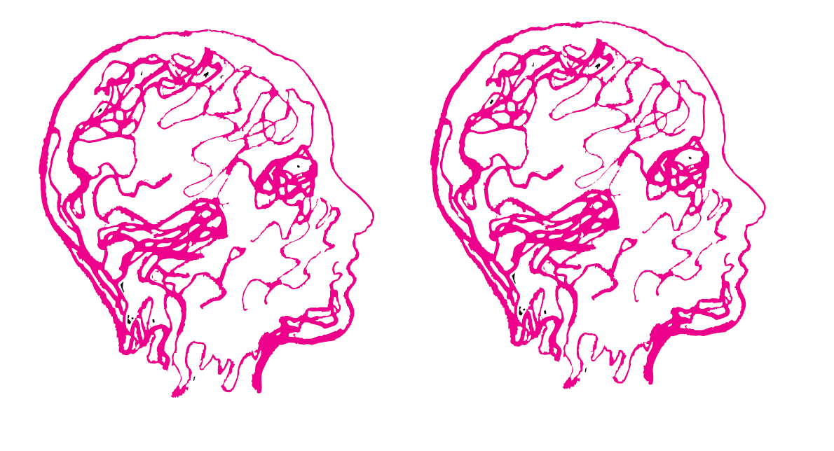 Two pink skulls with a green background